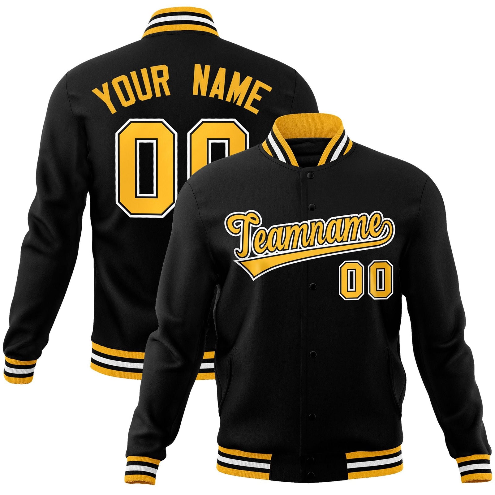 Custom Black Gold-Black Classic Style Varsity Full-Snap Letterman Jacket
