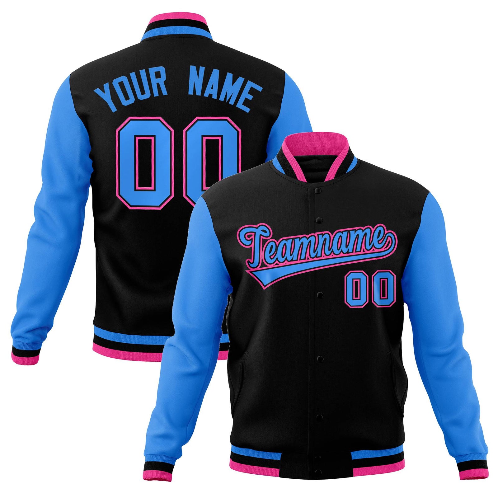 Custom Black Powder Blue-Black Raglan Sleeves Varsity Full-Snap Letterman Jacket