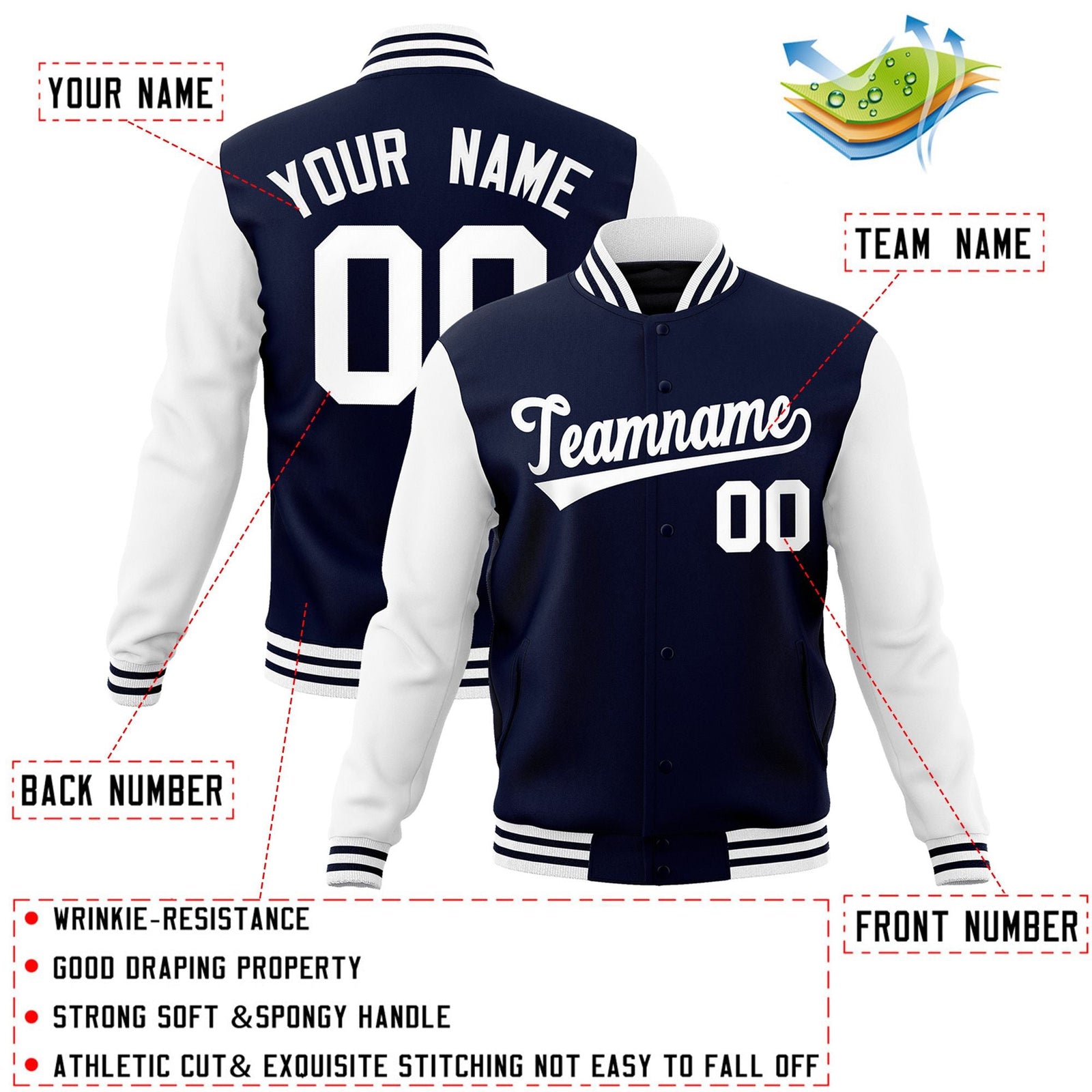 Custom Navy White Raglan Sleeves Varsity Full-Snap Letterman Jacket