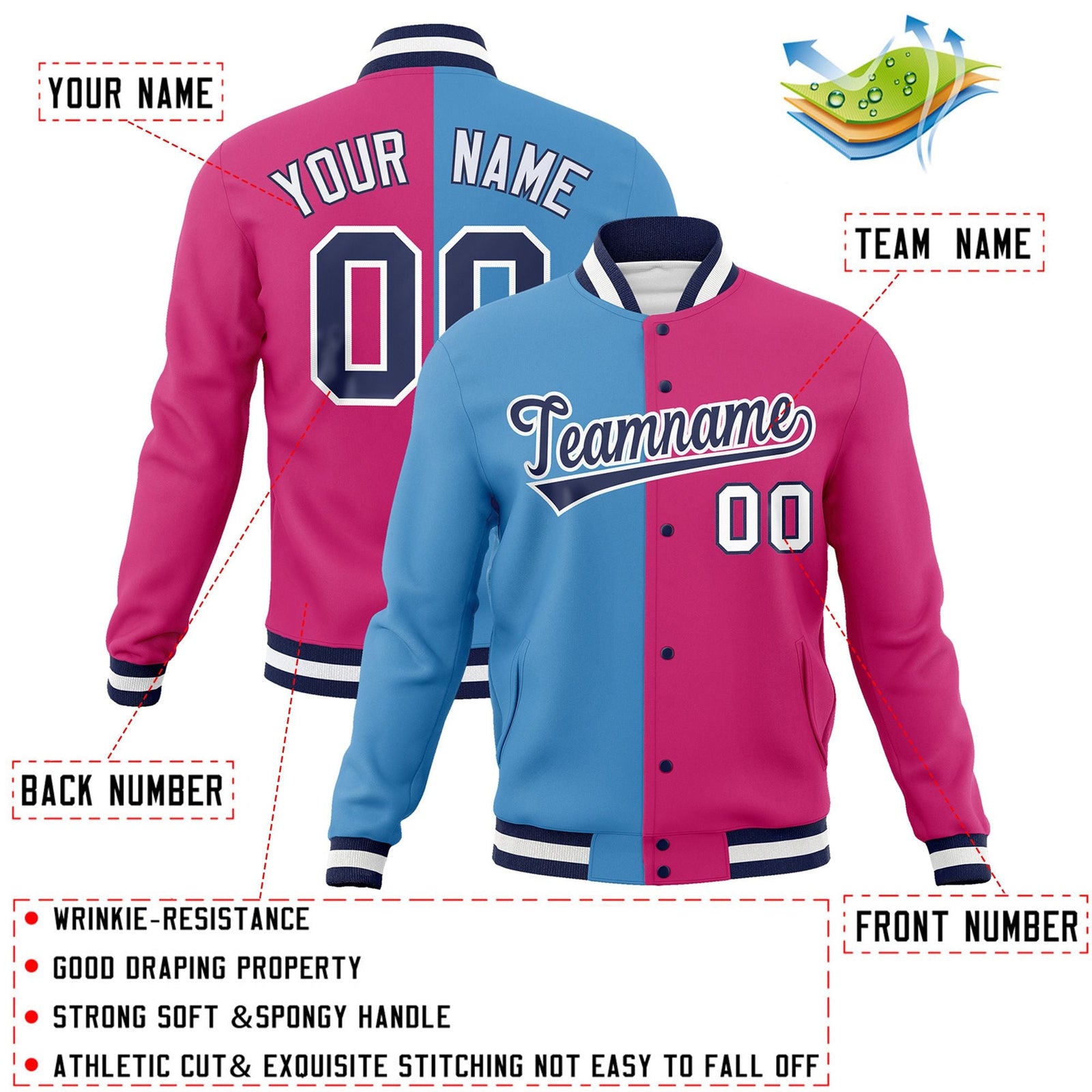 Custom Light Blue Red-Navy Varsity Full-Snap Letterman Two Tone Split Fashion Jacket