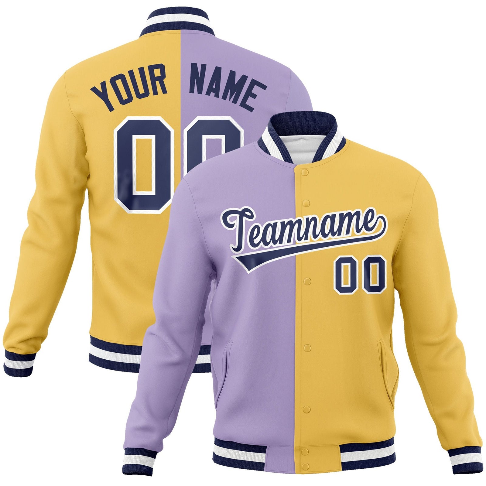 Custom Light Purple Cream-Navy Varsity Full-Snap Letterman Two Tone Split Fashion Jacket
