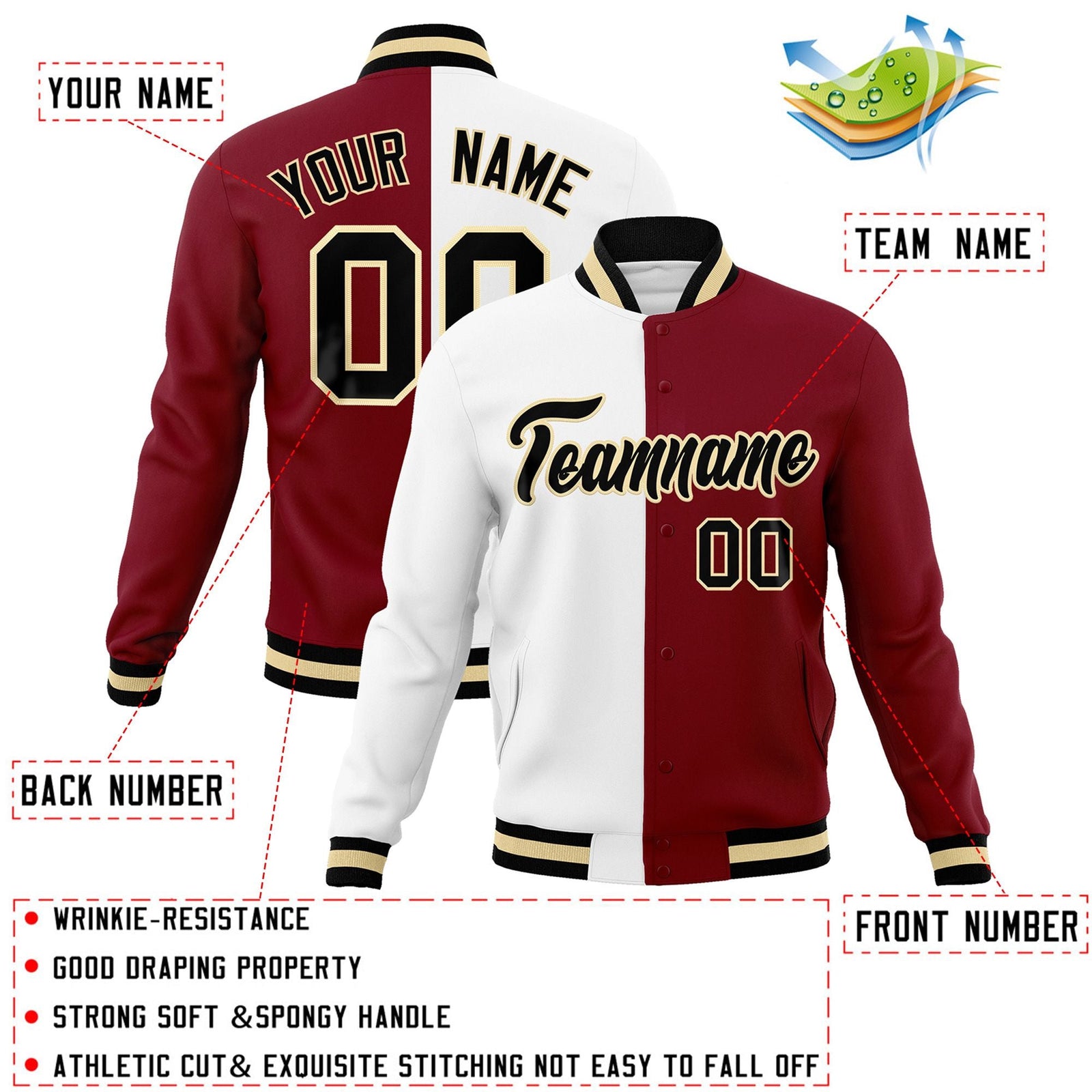 Custom White Crimson-Black Varsity Full-Snap Letterman Two Tone Split Fashion Jacket