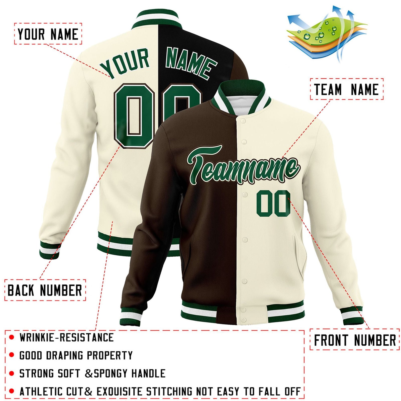 Custom Brown Khaki-Green Varsity Full-Snap Letterman Two Tone Split Fashion Jacket