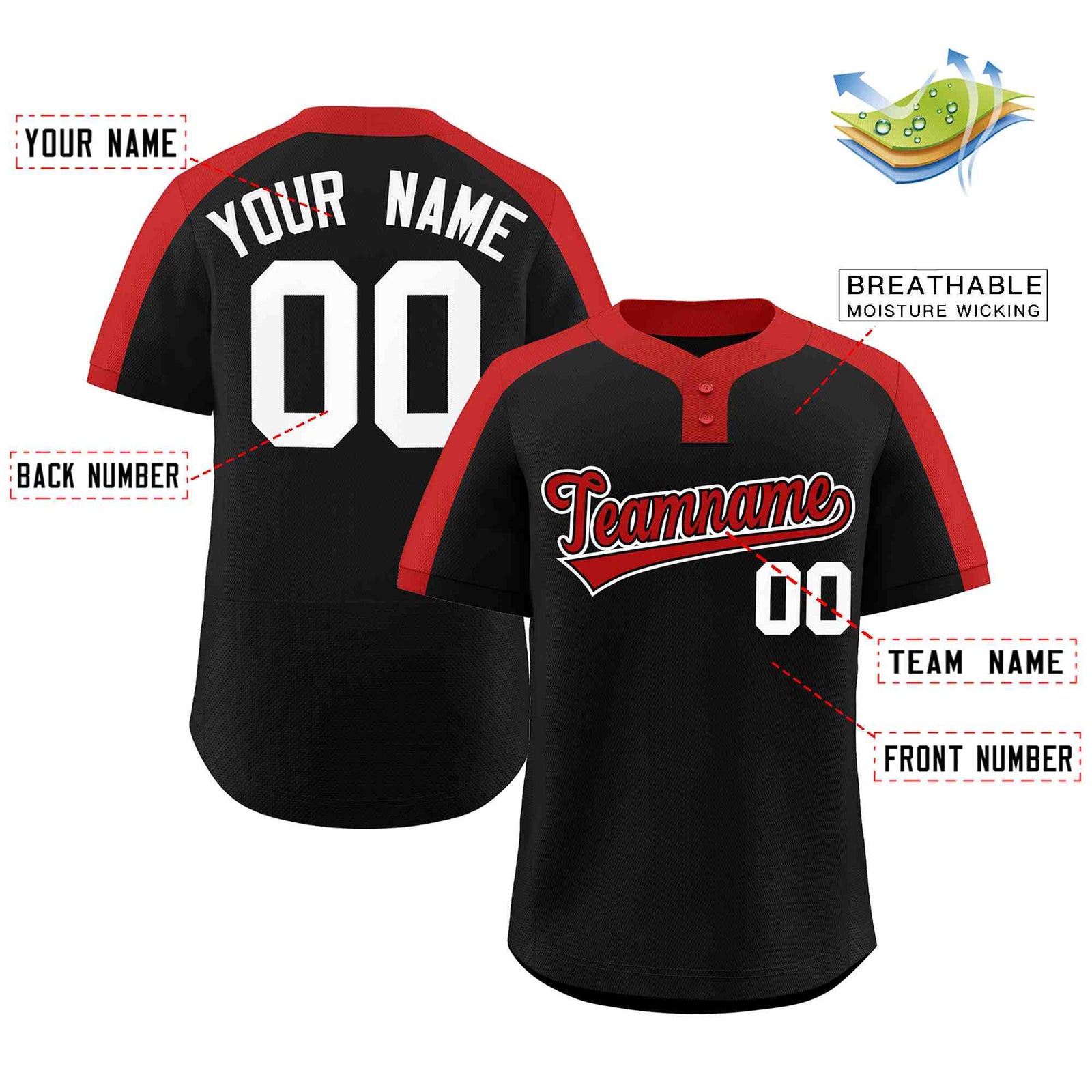Custom Black Red-Black Classic Style Authentic Two-Button Softball Jersey