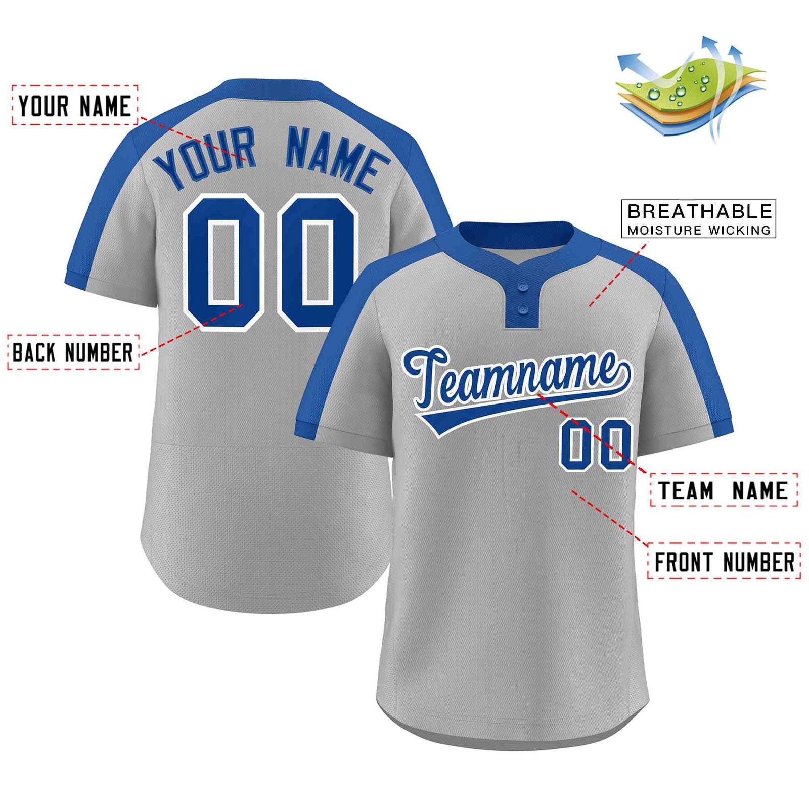 Custom Gray Royal-White Classic Style Authentic Two-Button Softball Jersey