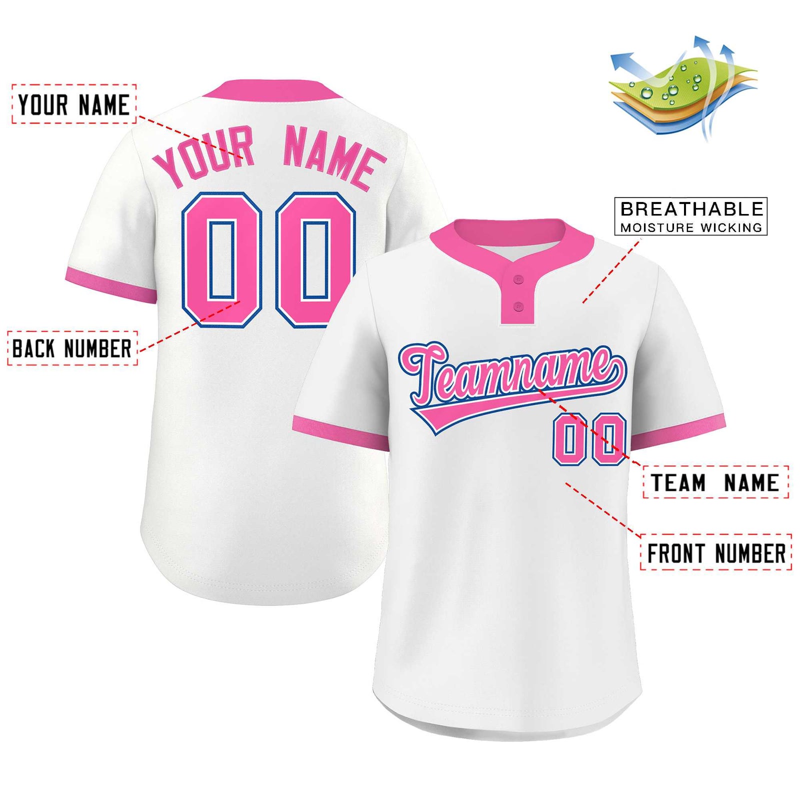 Custom White Pink-Royal Classic Style Authentic Two-Button Softball Jersey