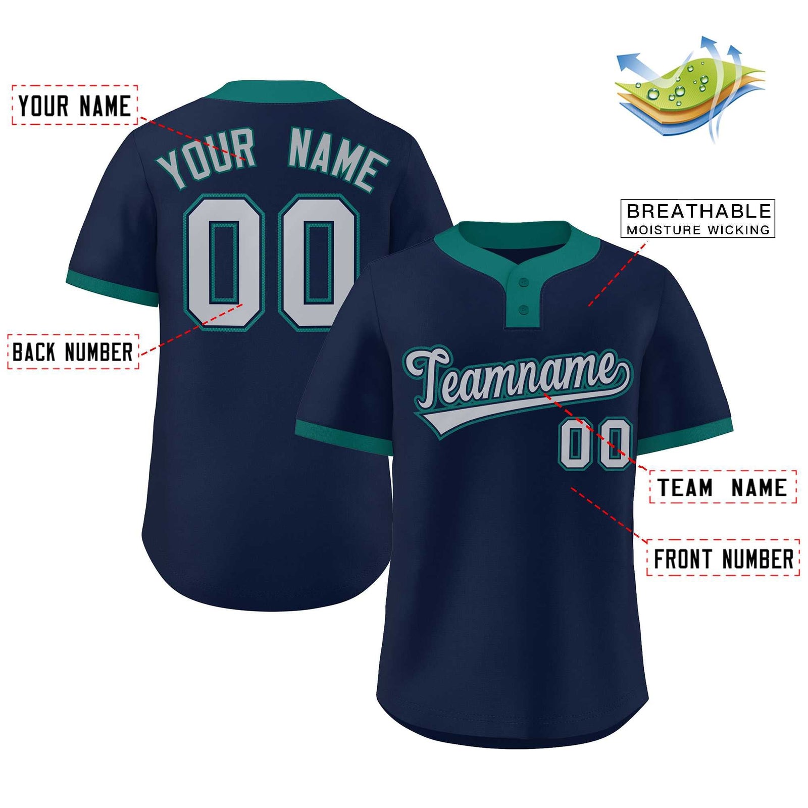Custom Navy Gray-Aqua Classic Style Authentic Two-Button Softball Jersey