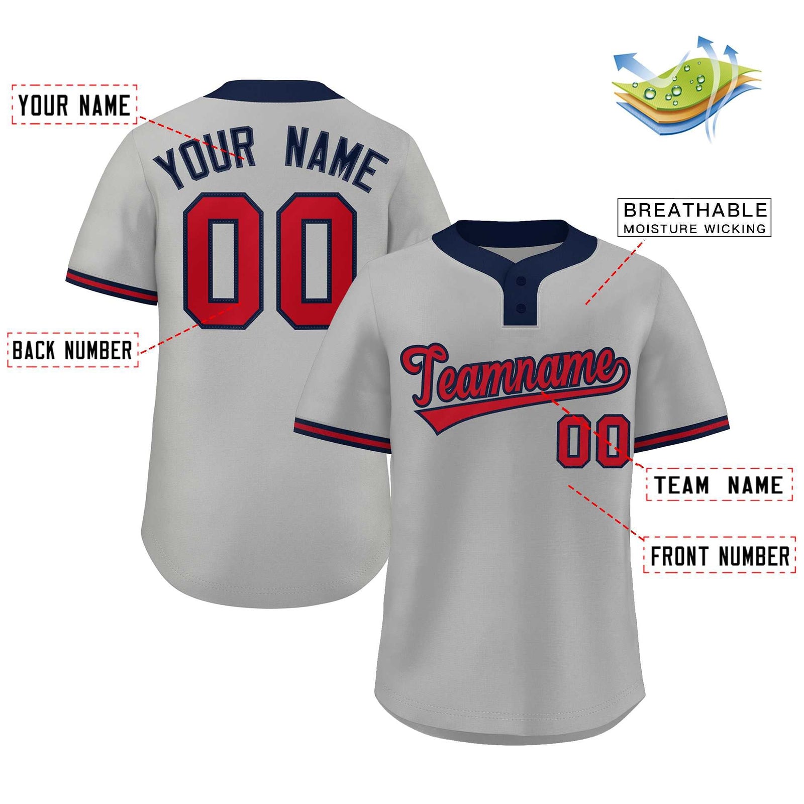 Custom Gray Red-Navy Classic Style Authentic Two-Button Softball Jersey