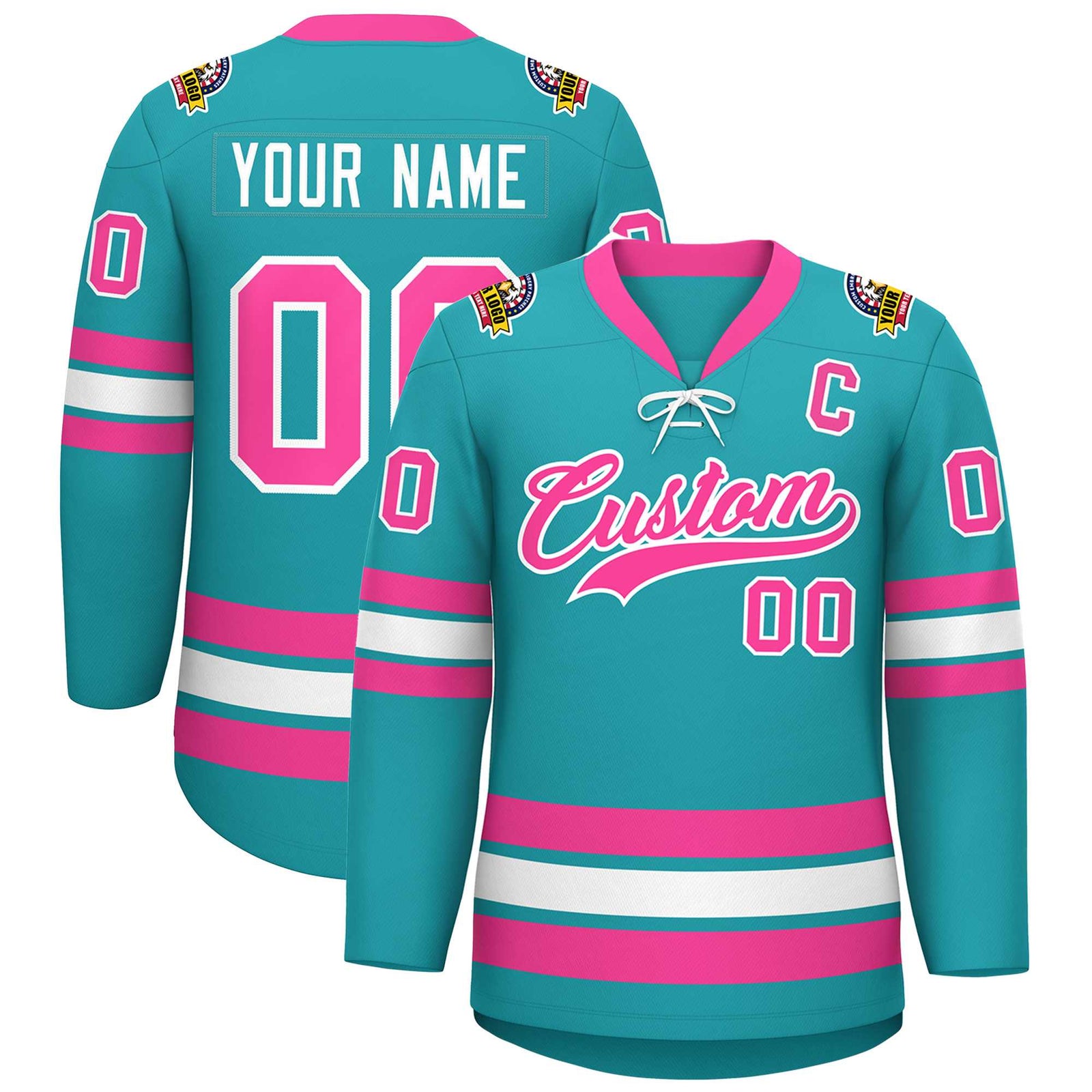 Custom Aqua Pink-White Lace-Up Neck Hockey Jersey