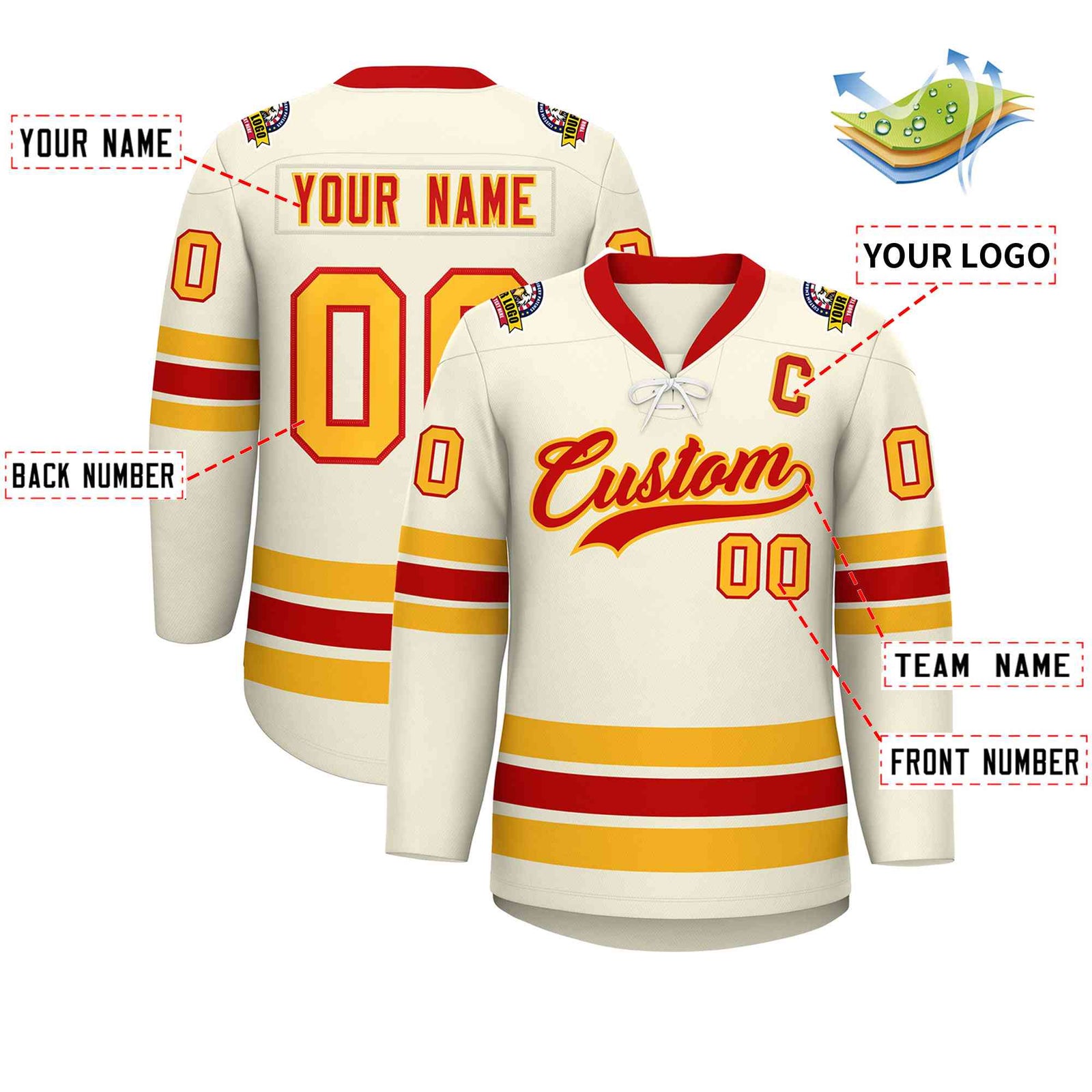 Custom Cream Red-Yellow Lace-Up Neck Hockey Jersey