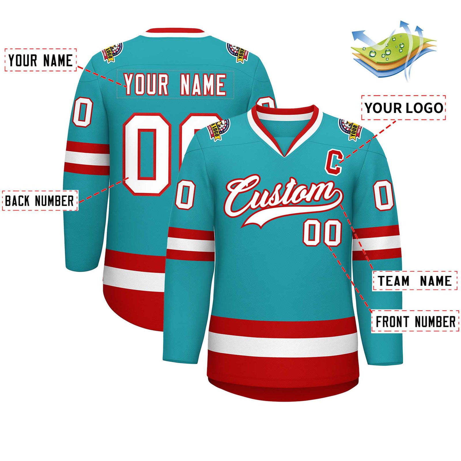 Custom Aqua White-Red Classic Style Hockey Jersey