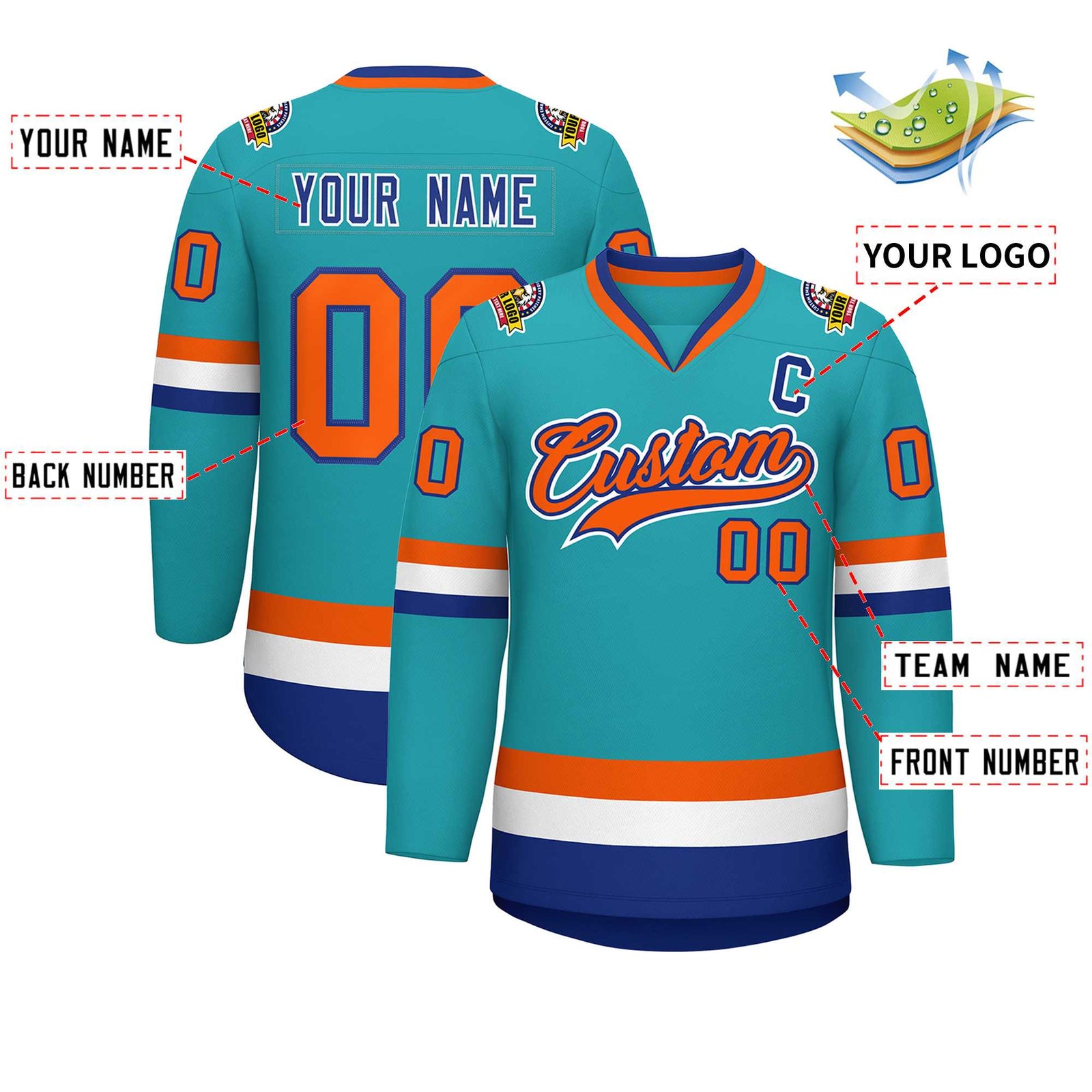 Custom Aqua Orange Royal-White Classic Style Hockey Jersey