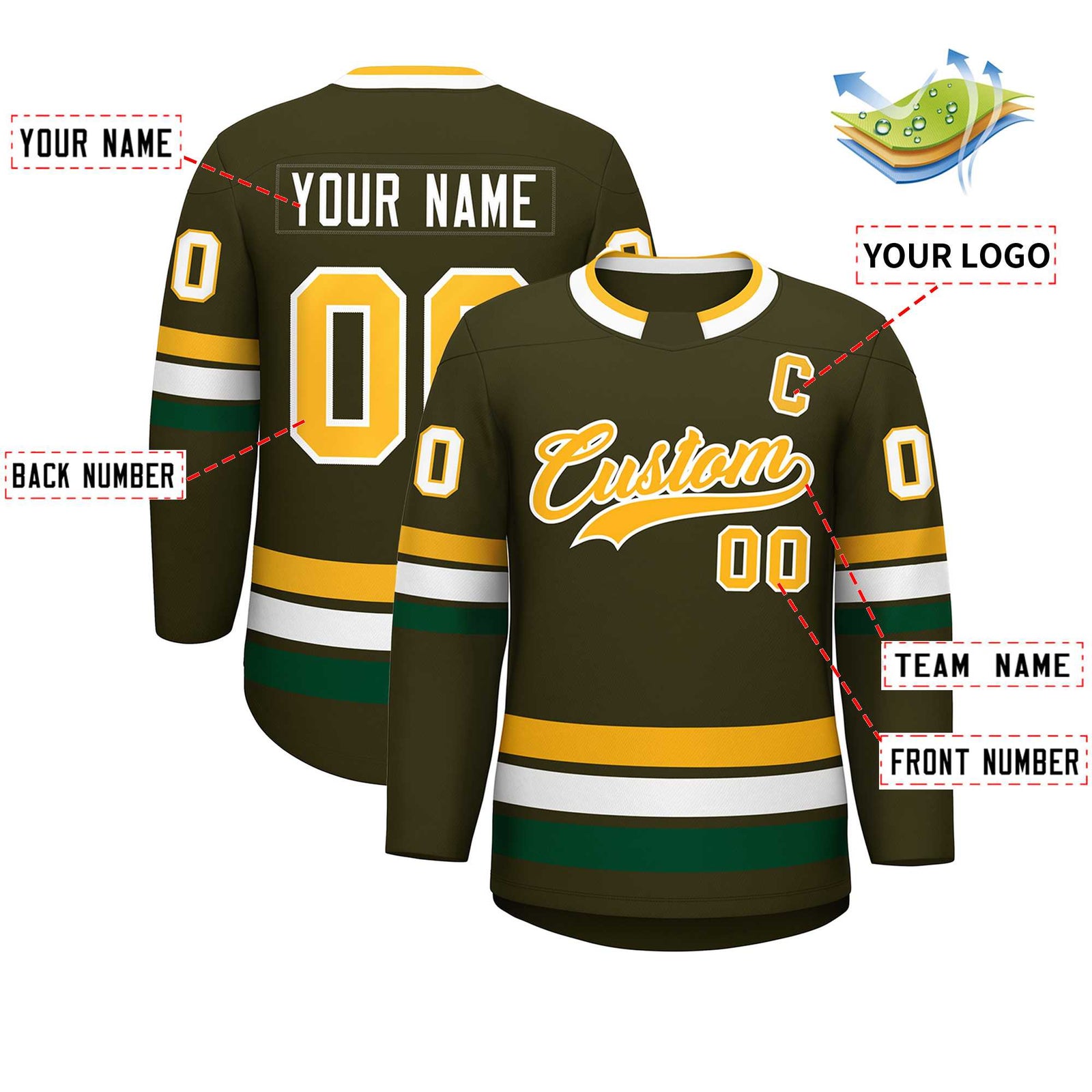 Custom Olive Gold-White Classic Style Hockey Jersey
