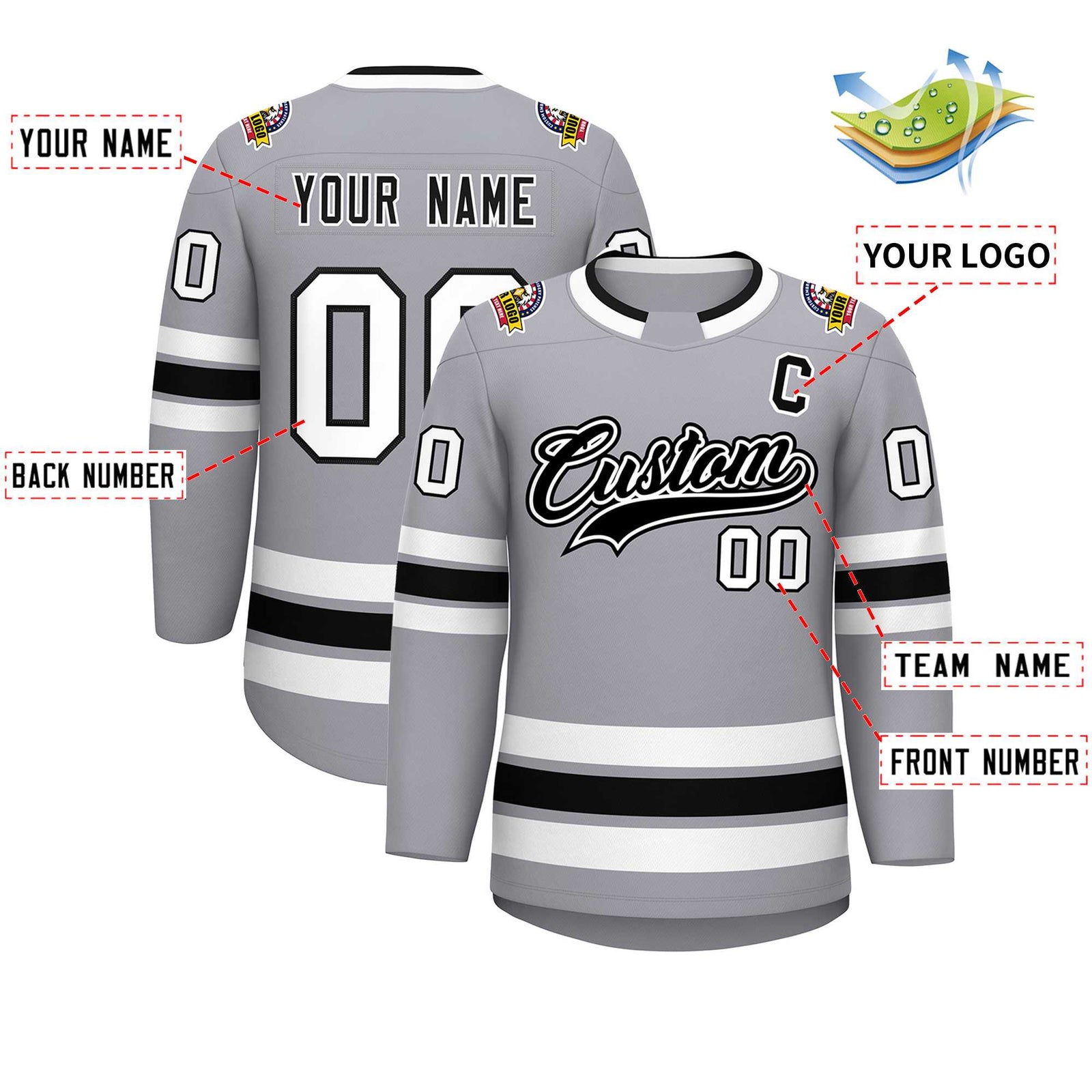Custom Gray Black White-Black Classic Style Hockey Jersey
