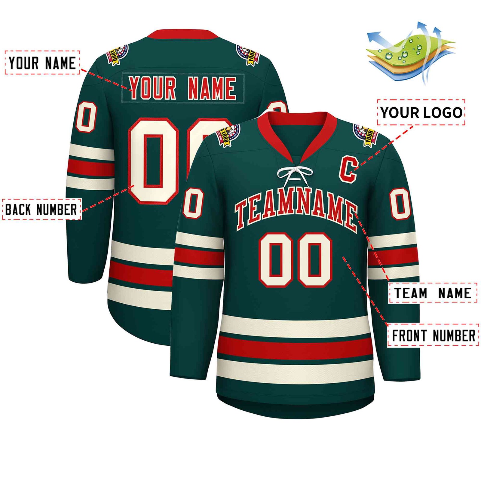 Custom Midnight Green Red-Cream Lace-Up Neck Hockey Jersey