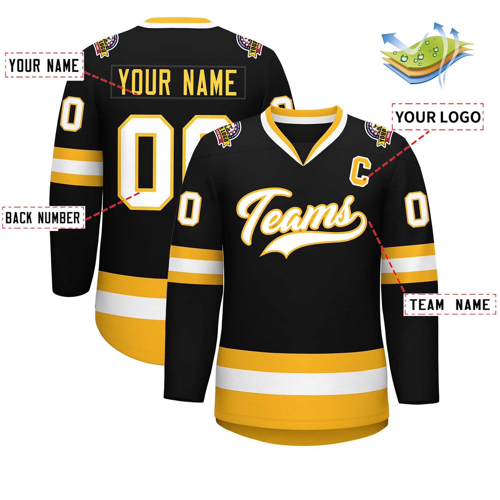 Custom Black White-Gold Classic Style Hockey Jersey
