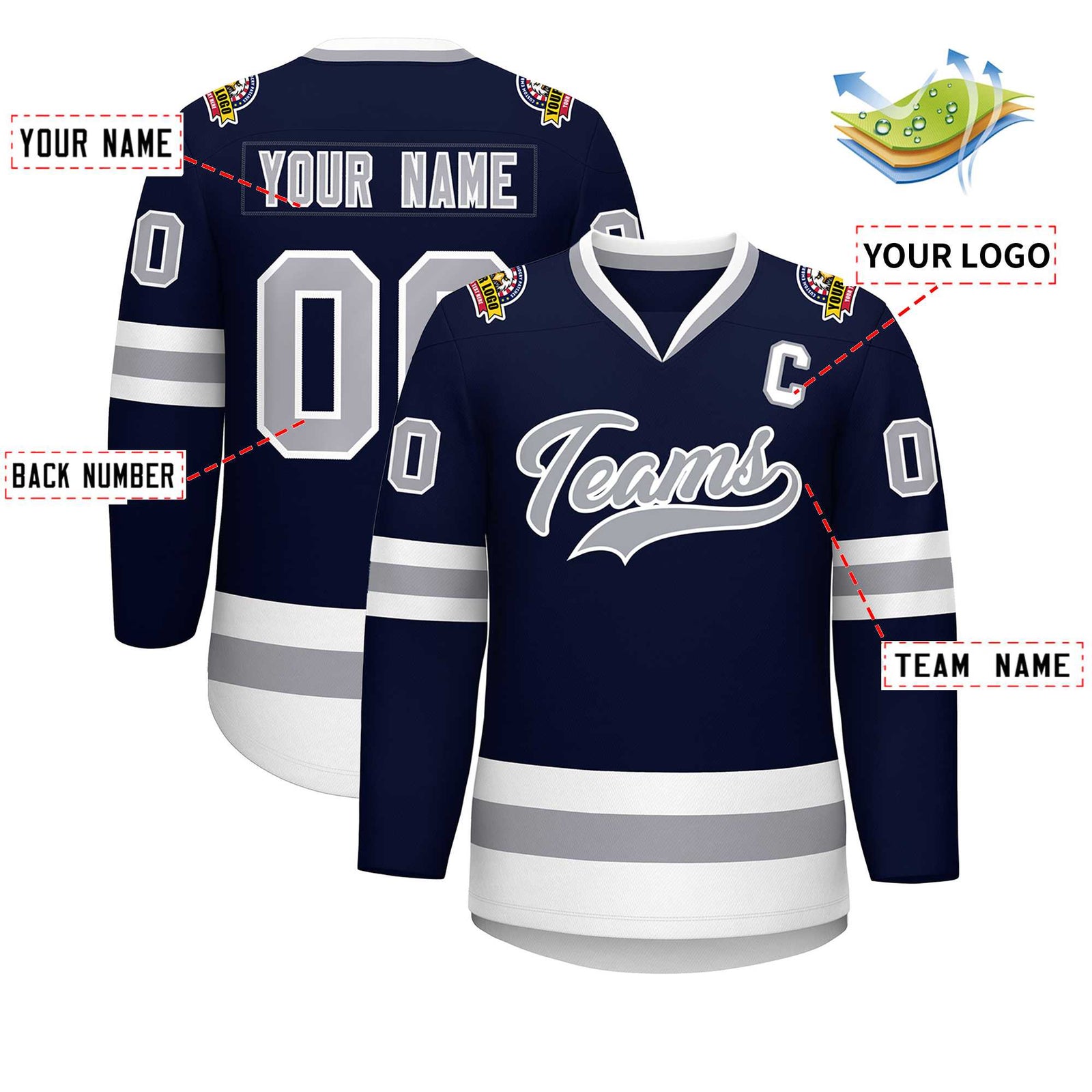Custom Navy Gray-White Classic Style Hockey Jersey
