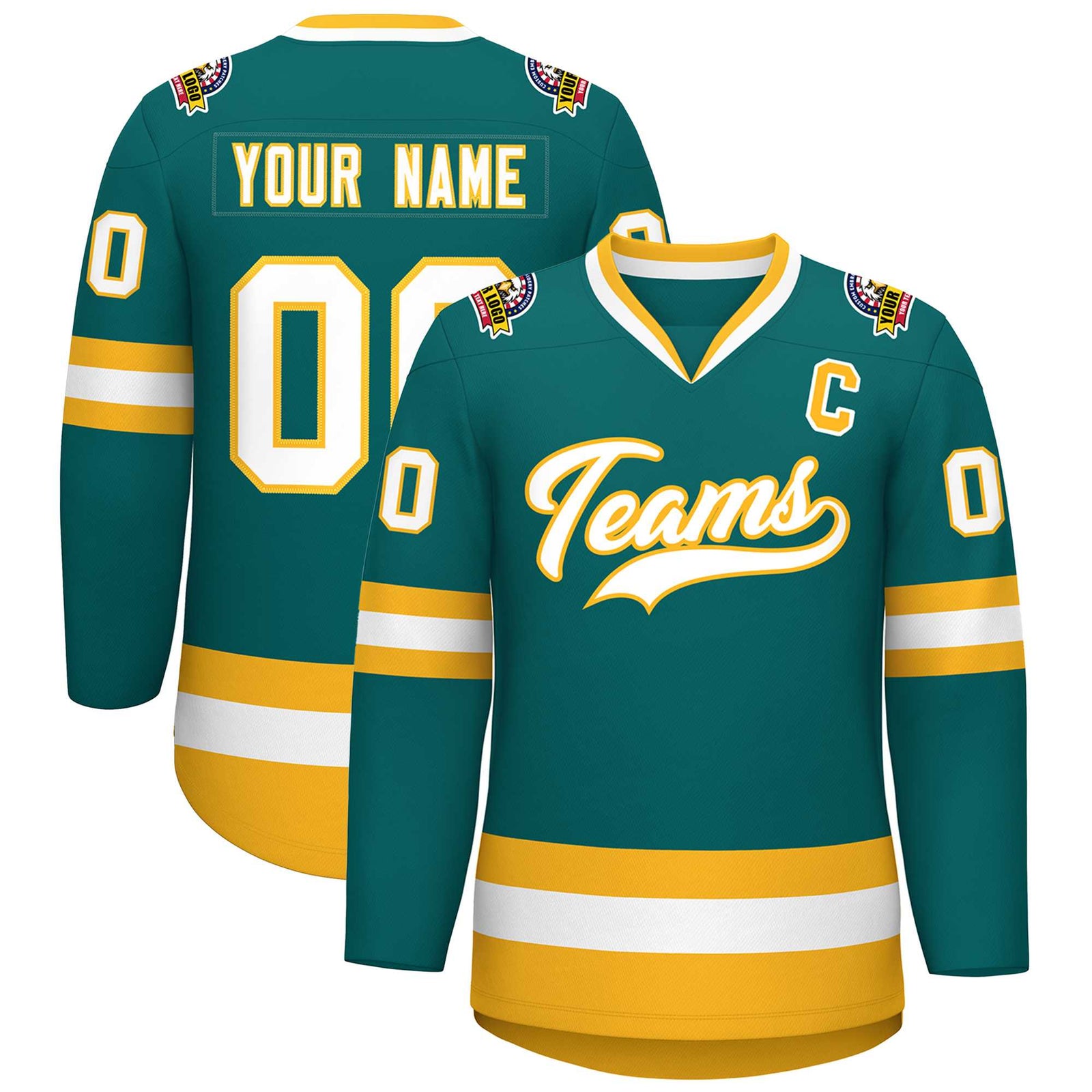 Custom Teal White-Gold Classic Style Hockey Jersey