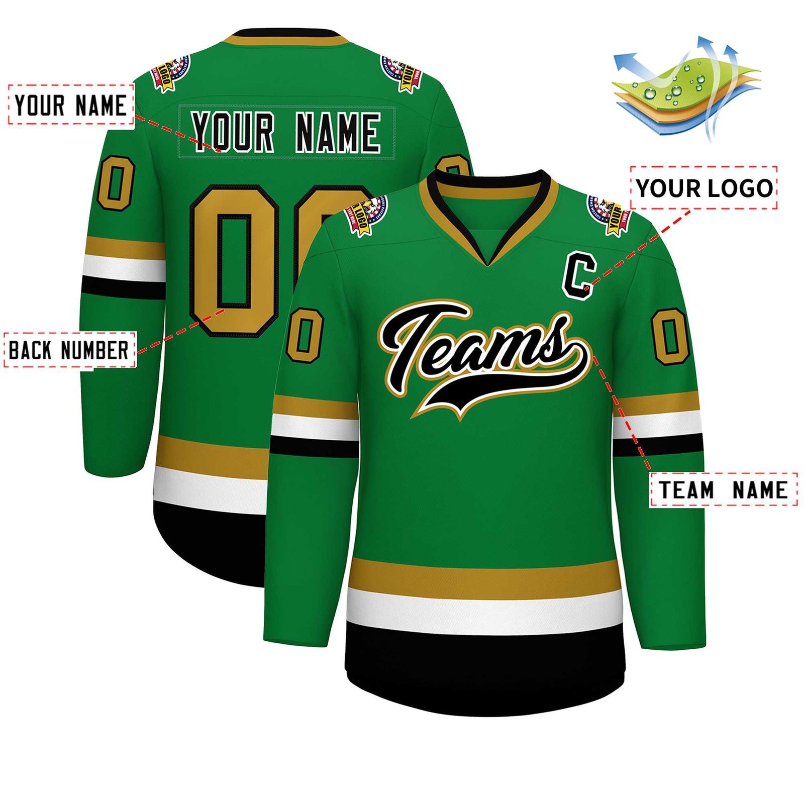 Custom Kelly Green Black White-Old Gold Classic Style Hockey Jersey