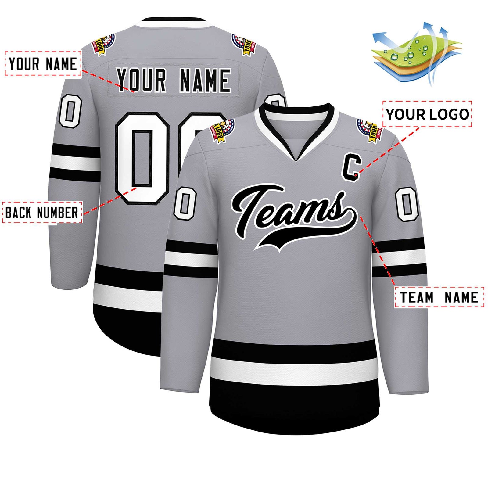Custom Gray Black-White Classic Style Hockey Jersey