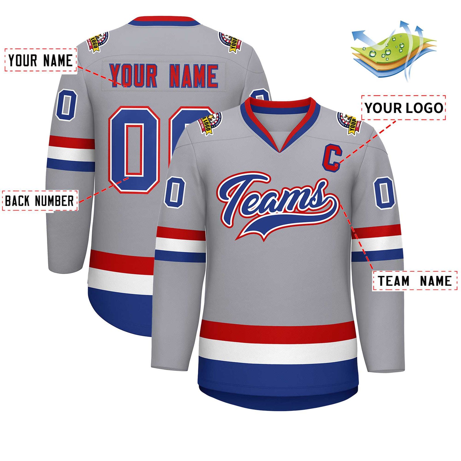 Custom Gray Royal White-Red Classic Style Hockey Jersey