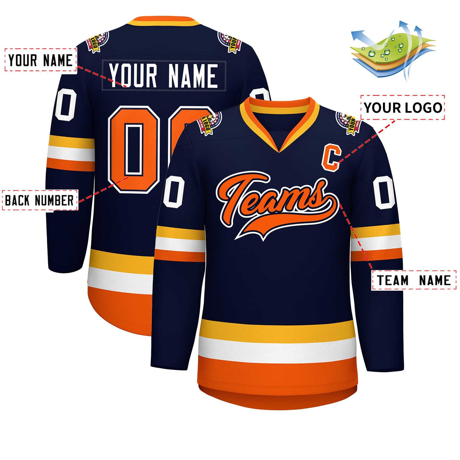 Custom Navy Orange Navy-White Classic Style Hockey Jersey