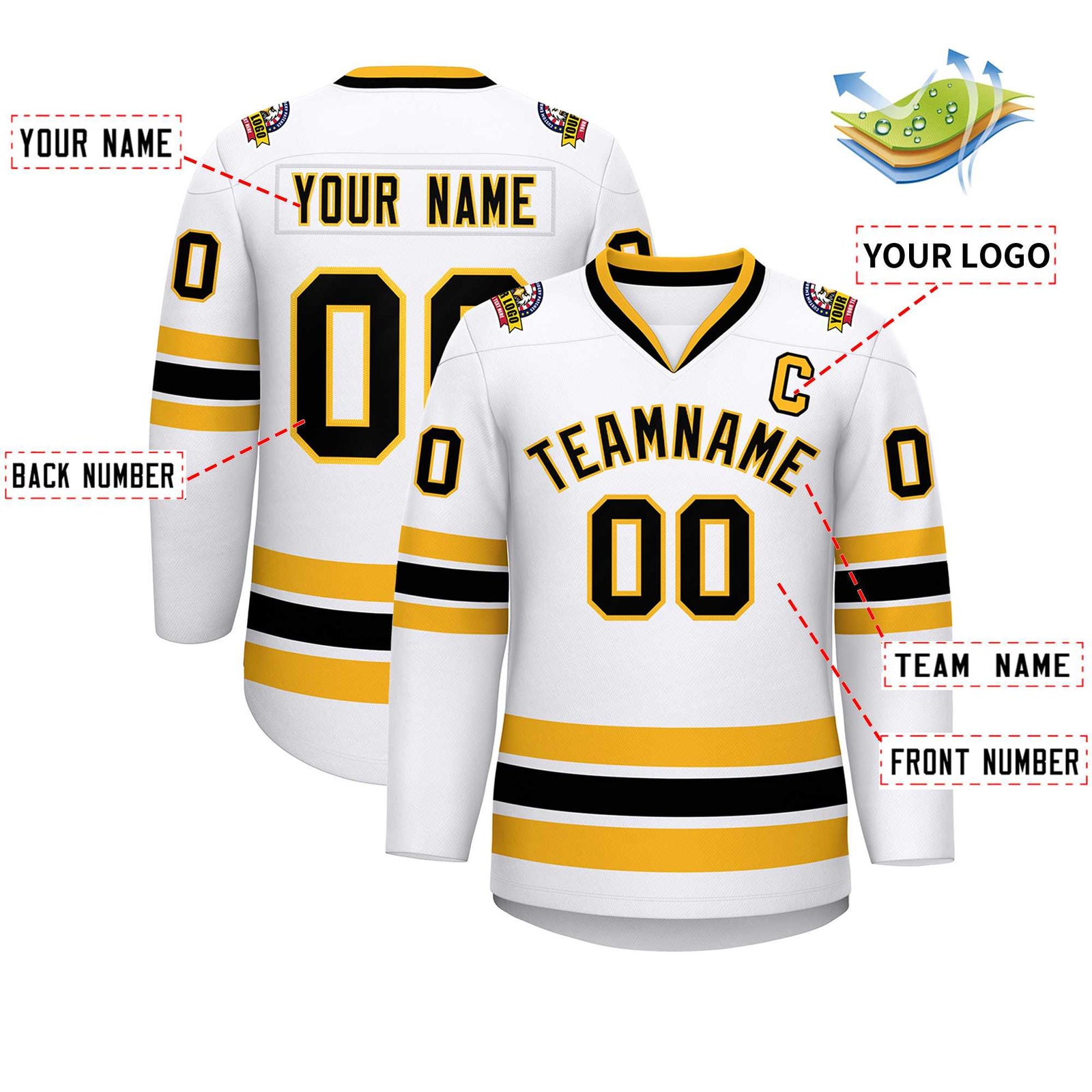 Custom White Black-Gold Classic Style Hockey Jersey