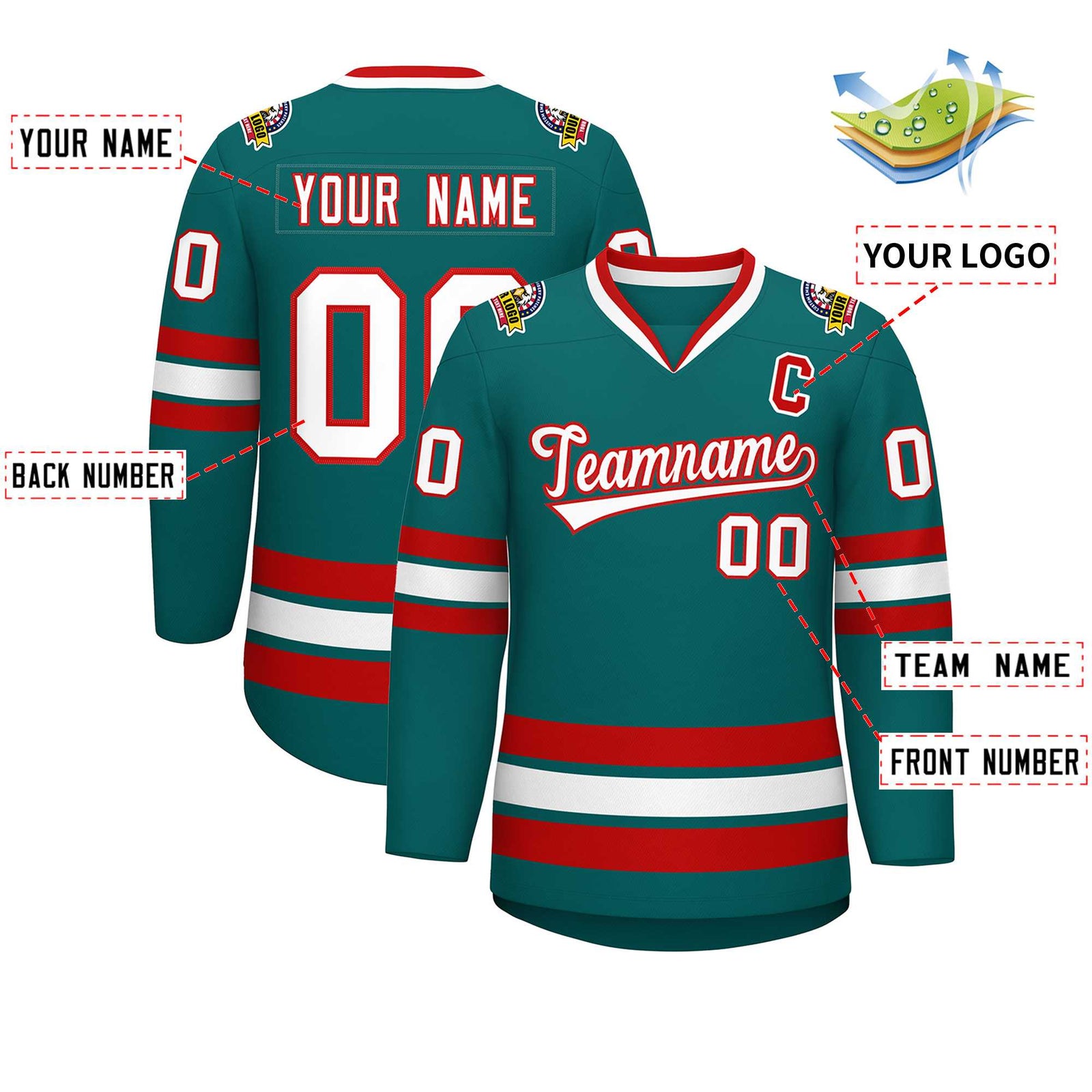 Custom Aqua White-Red Classic Style Hockey Jersey