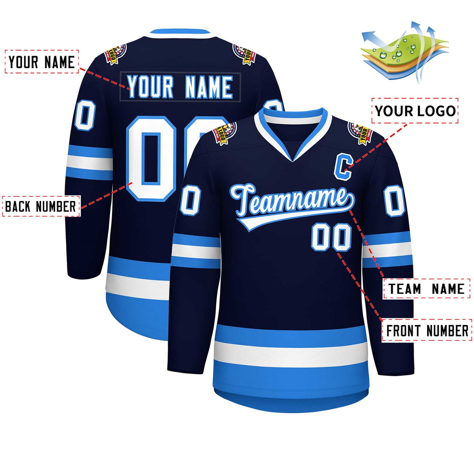 Custom Navy White-Powder Blue Classic Style Hockey Jersey