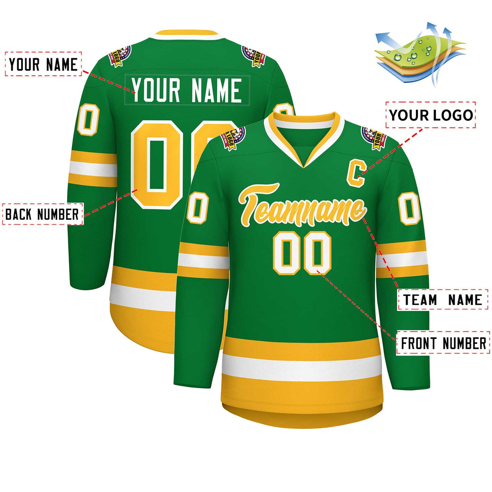 Custom Kelly Green Gold-White Classic Style Hockey Jersey