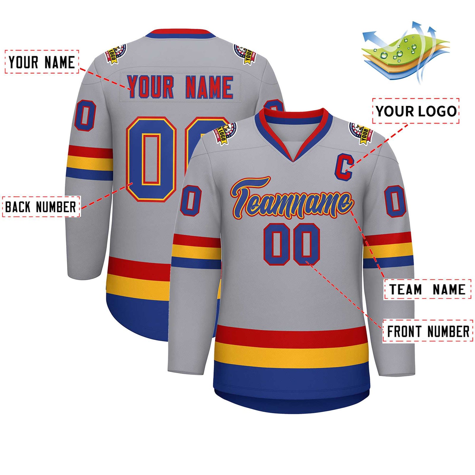 Custom Gray Royal Gold-Red Classic Style Hockey Jersey