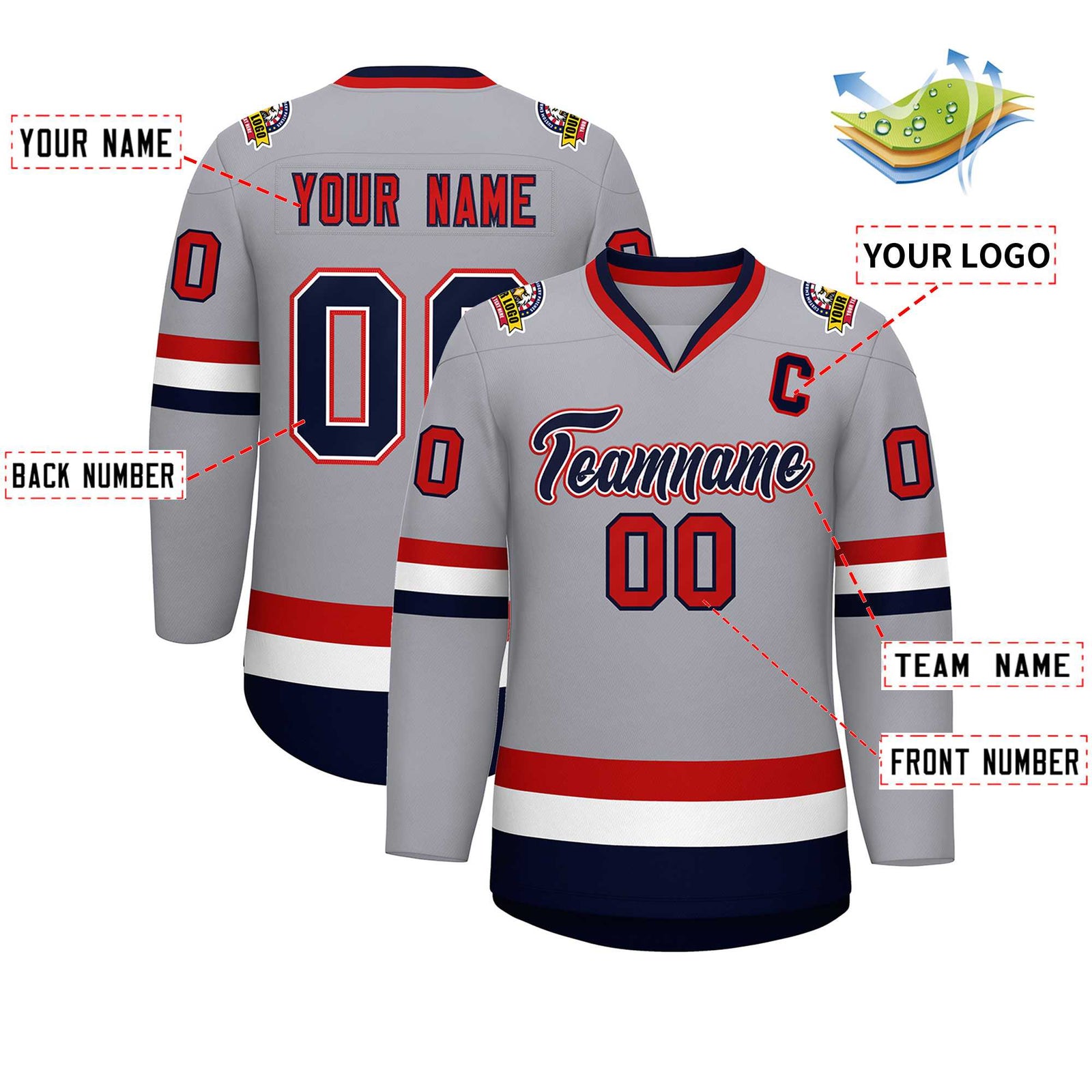 Custom Gray Navy White-Red Classic Style Hockey Jersey