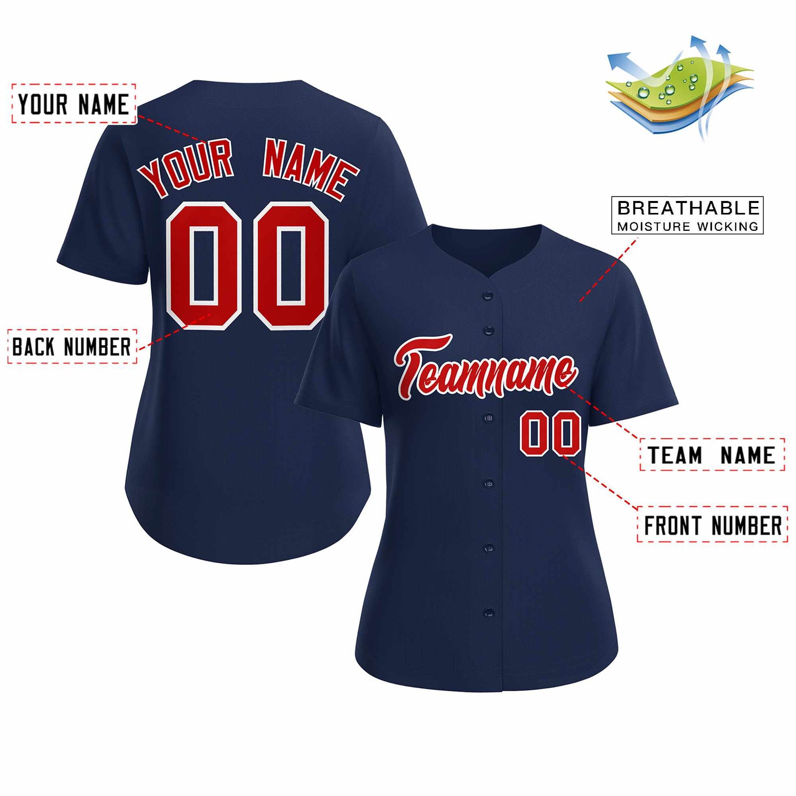 Custom Navy Red White Classic Style Baseball Jersey for Women