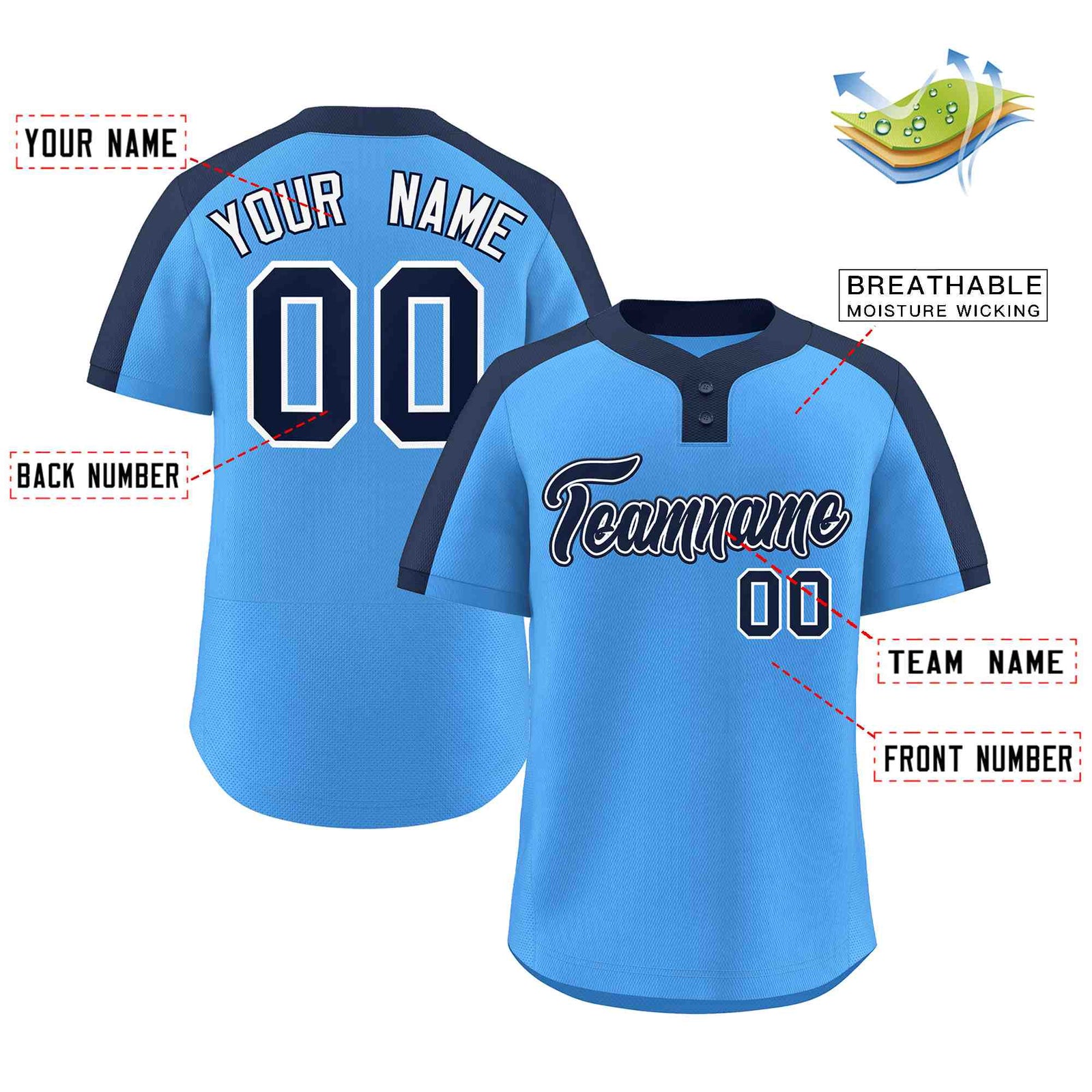 Custom Powder Blue Navy-White Classic Style Authentic Two-Button Softball Jersey