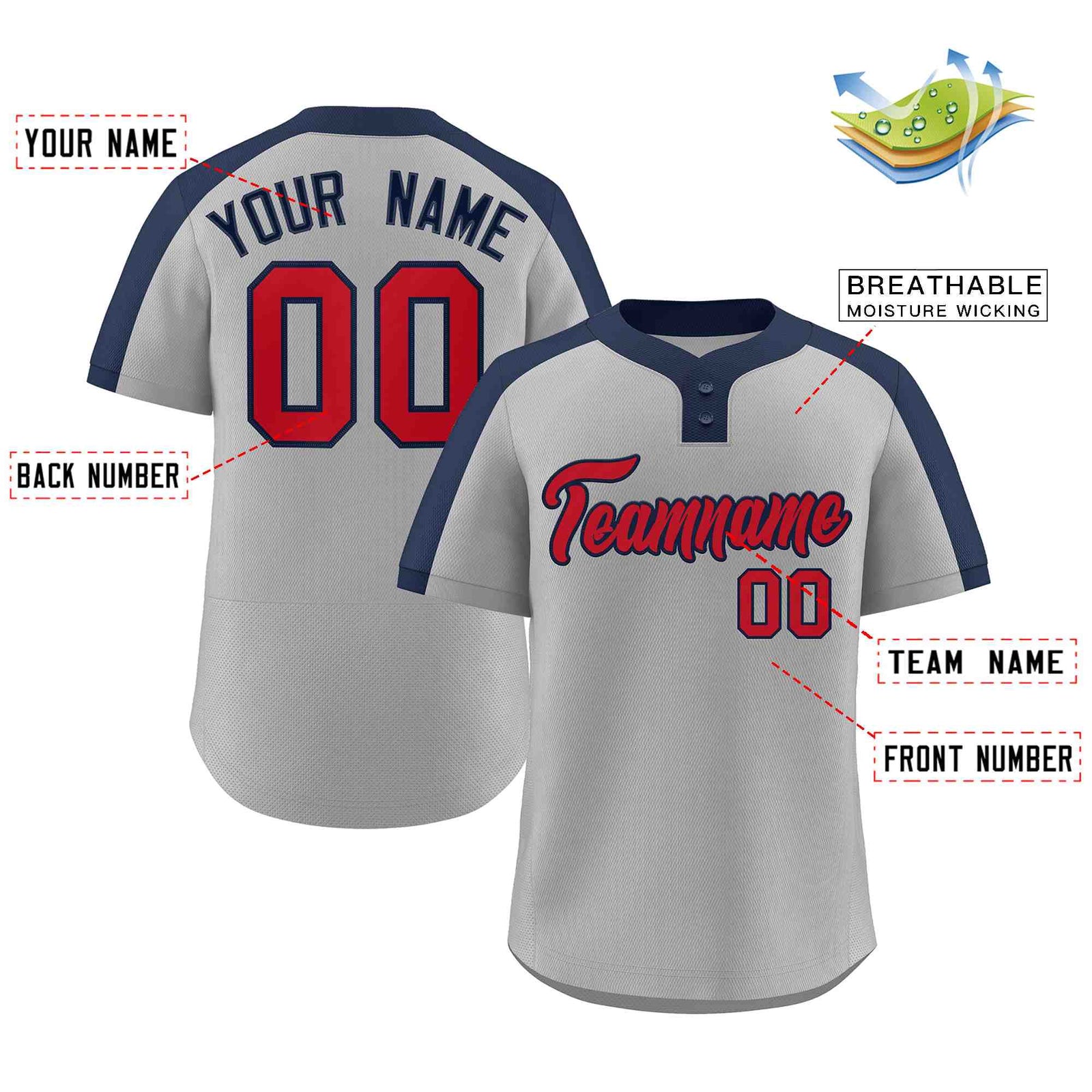 Custom Gray Red-Navy Classic Style Authentic Two-Button Softball Jersey