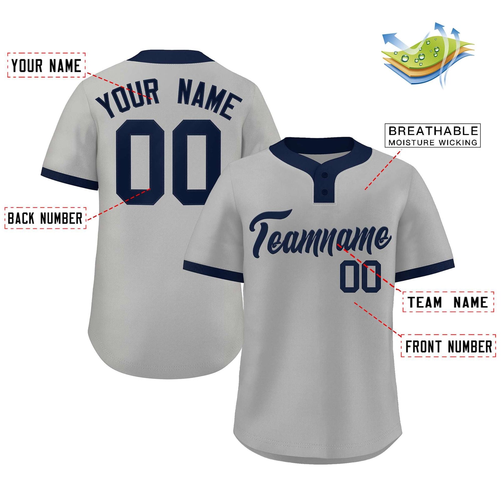 Custom Gray Navy Classic Style Authentic Two-Button Softball Jersey