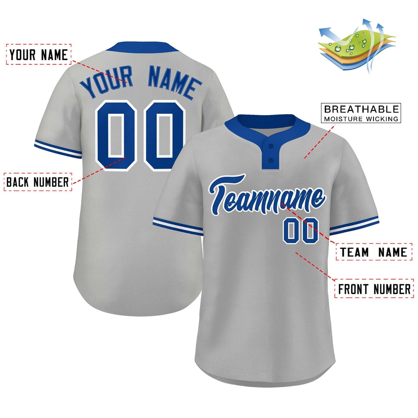Custom Gray Royal-White Classic Style Authentic Two-Button Softball Jersey