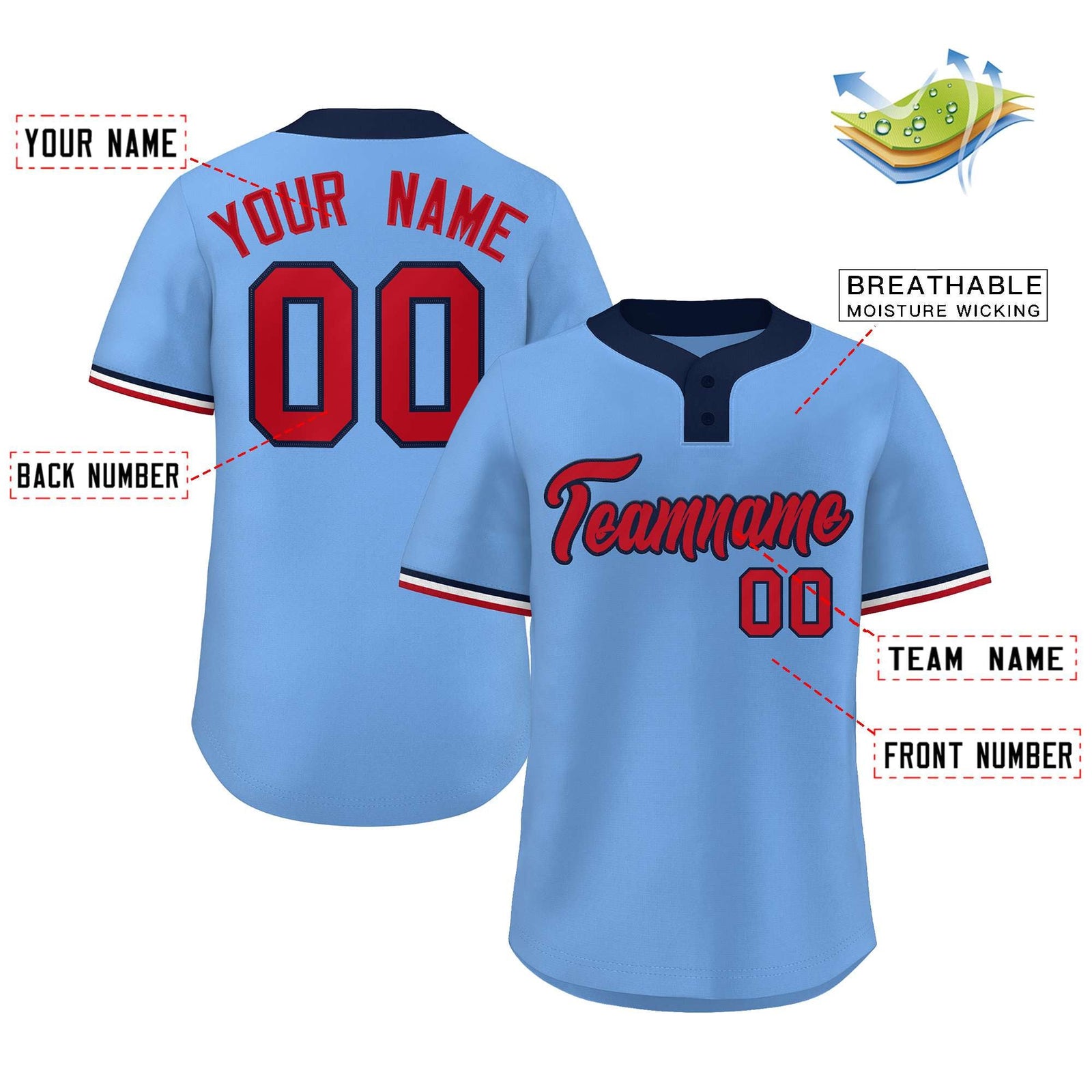 Custom Light Blue Red-Navy Classic Style Authentic Two-Button Softball Jersey