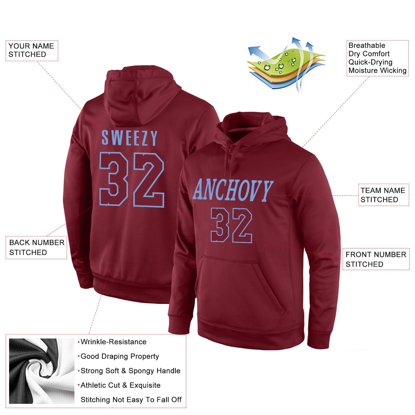 Custom Cardinal Light Blue Classic Style Uniform Pullover Fashion Hoodie