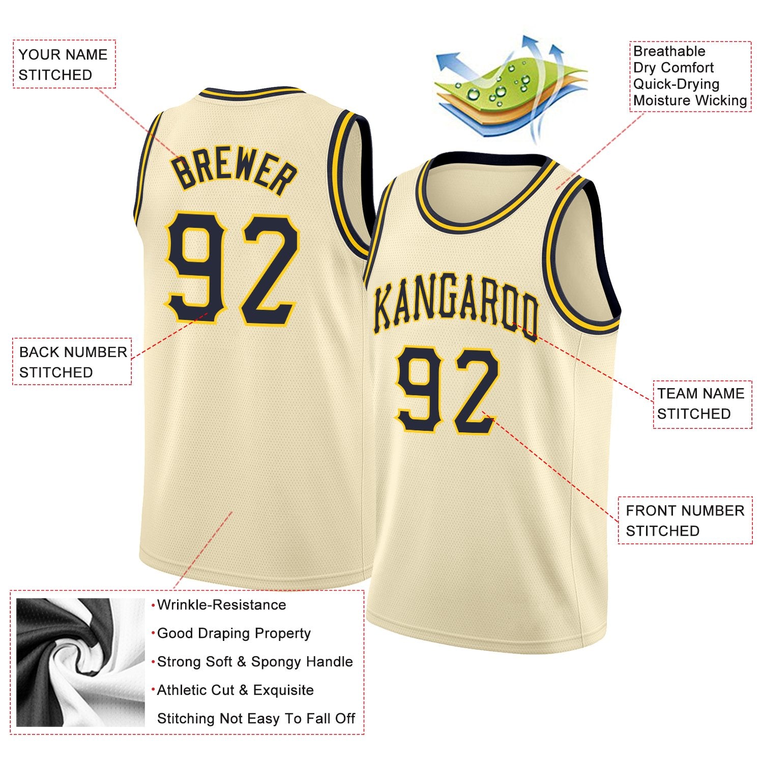 Custom Cream Navy-Gold Classic Tops Athletic Basketball Jersey