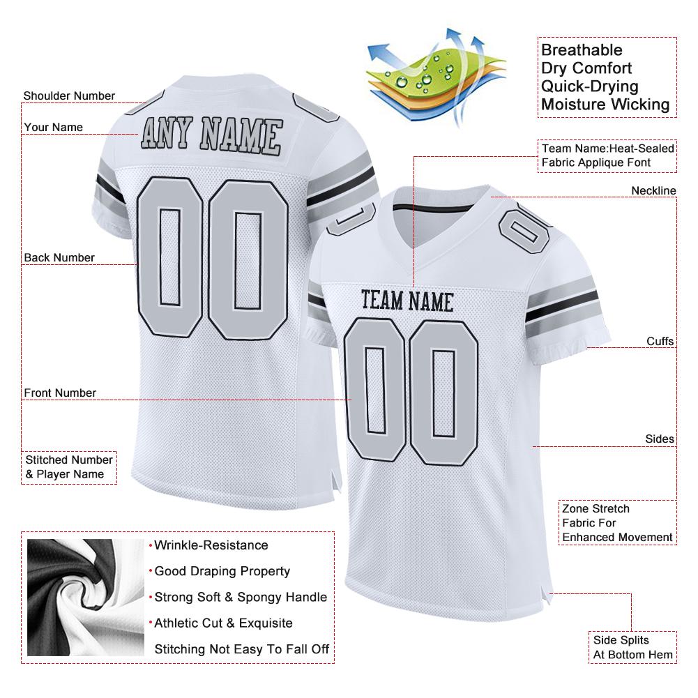 Custom White Silver-Black Classic Style Mesh Authentic Football Jersey