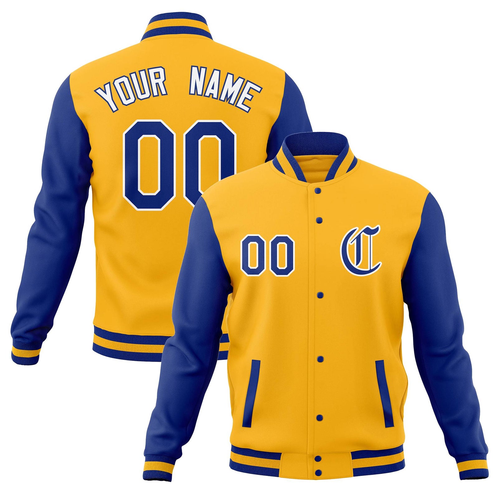Custom yellow and royal letterman jacket for custom embroidery
