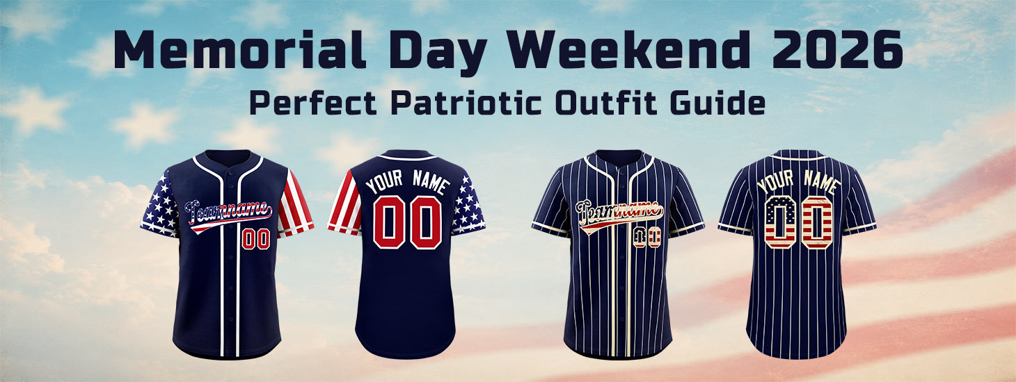 Memorial Day Weekend 2026 patriotic outfit guide featuring custom American flag baseball jerseys with personalized name and number, navy blue designs with stars and stripes