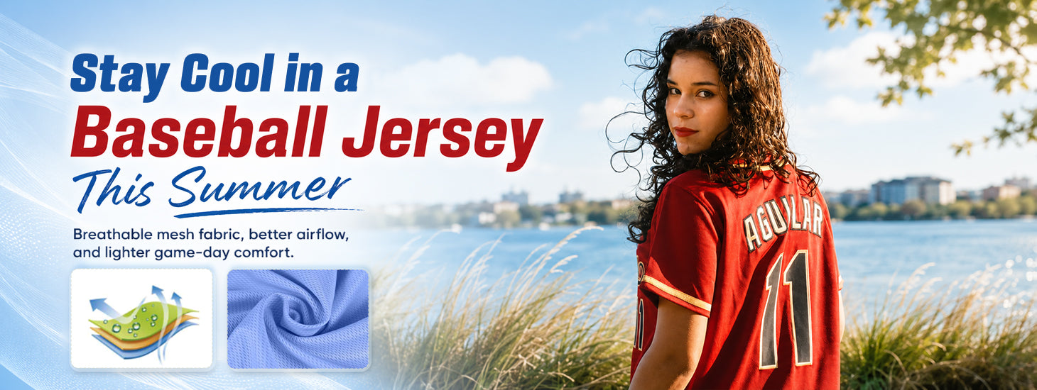 Woman wearing a custom red baseball jersey outdoors, highlighting breathable mesh fabric for staying cool in summer