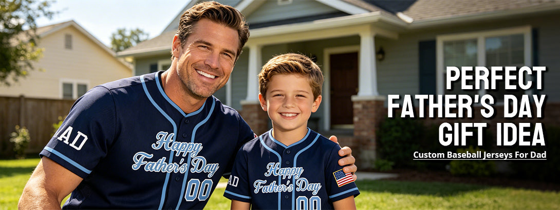 Father and son wearing matching navy blue Father's Day baseball jerseys, outdoor family photo