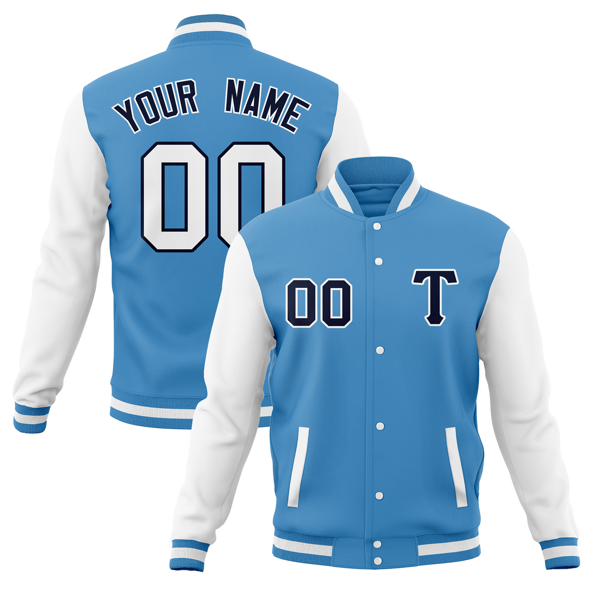 Custom White Powder Blue Raglan Sleeves Classic Style Letterman Cotton Fabric Jacket