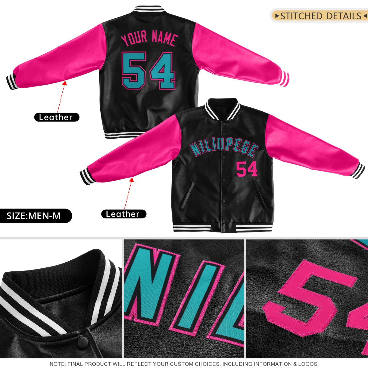 Custom Red Powder Blue Raglan Sleeves Full-Snap Varsity Faux Leather Letterman Jacket| KXKSHOP