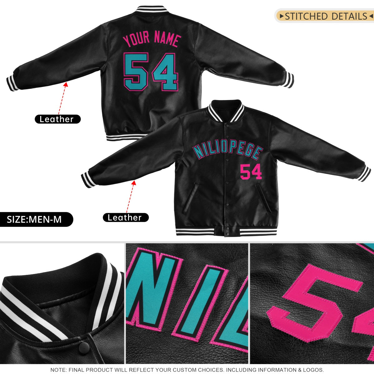 Custom Black Orange Full-Snap Varsity Faux Leather Letterman Jacket| KXKSHOP