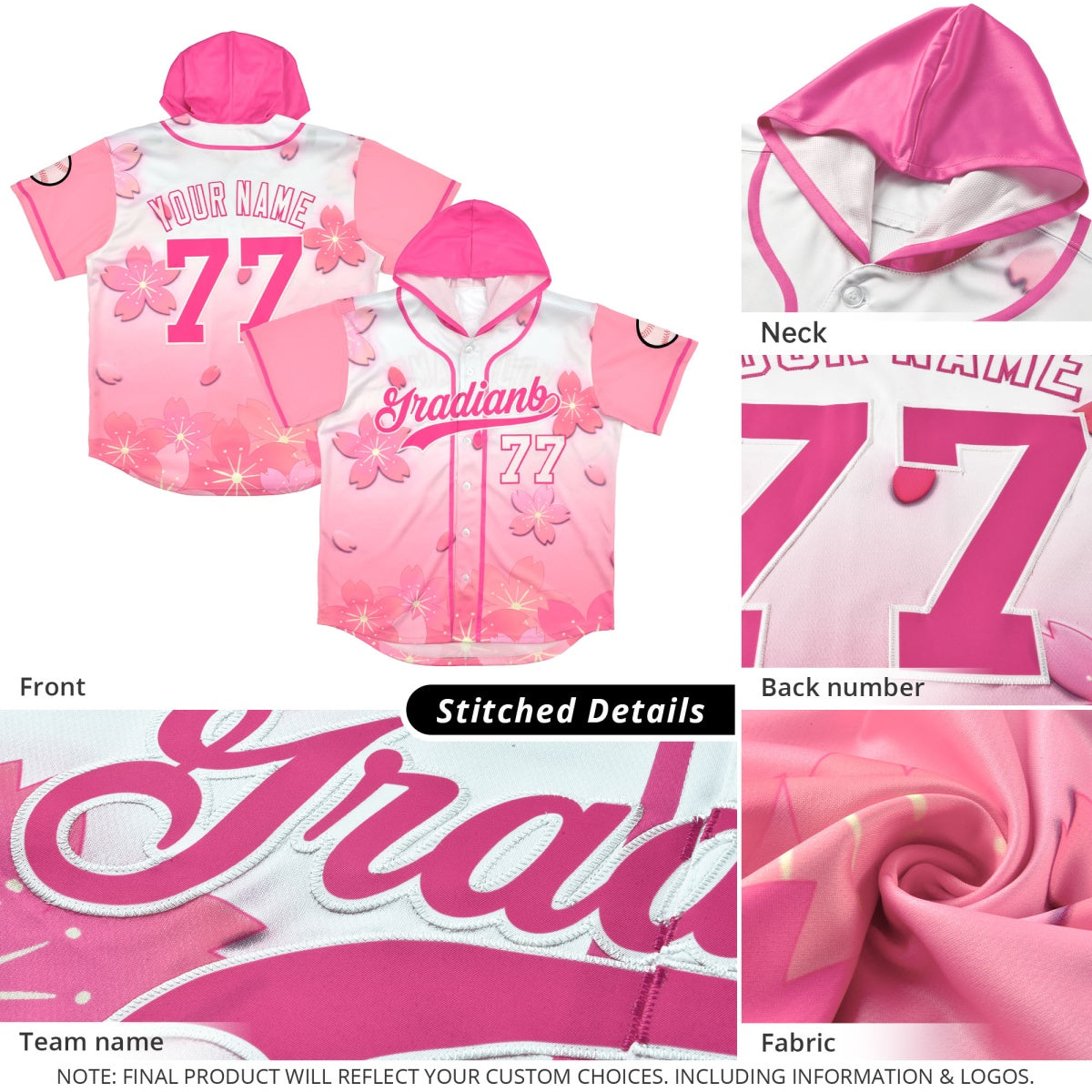 Custom Hooded Baseball Jersey | Pink Aqua Cherry Blossom Personalized Name & Number Sport Jersey
