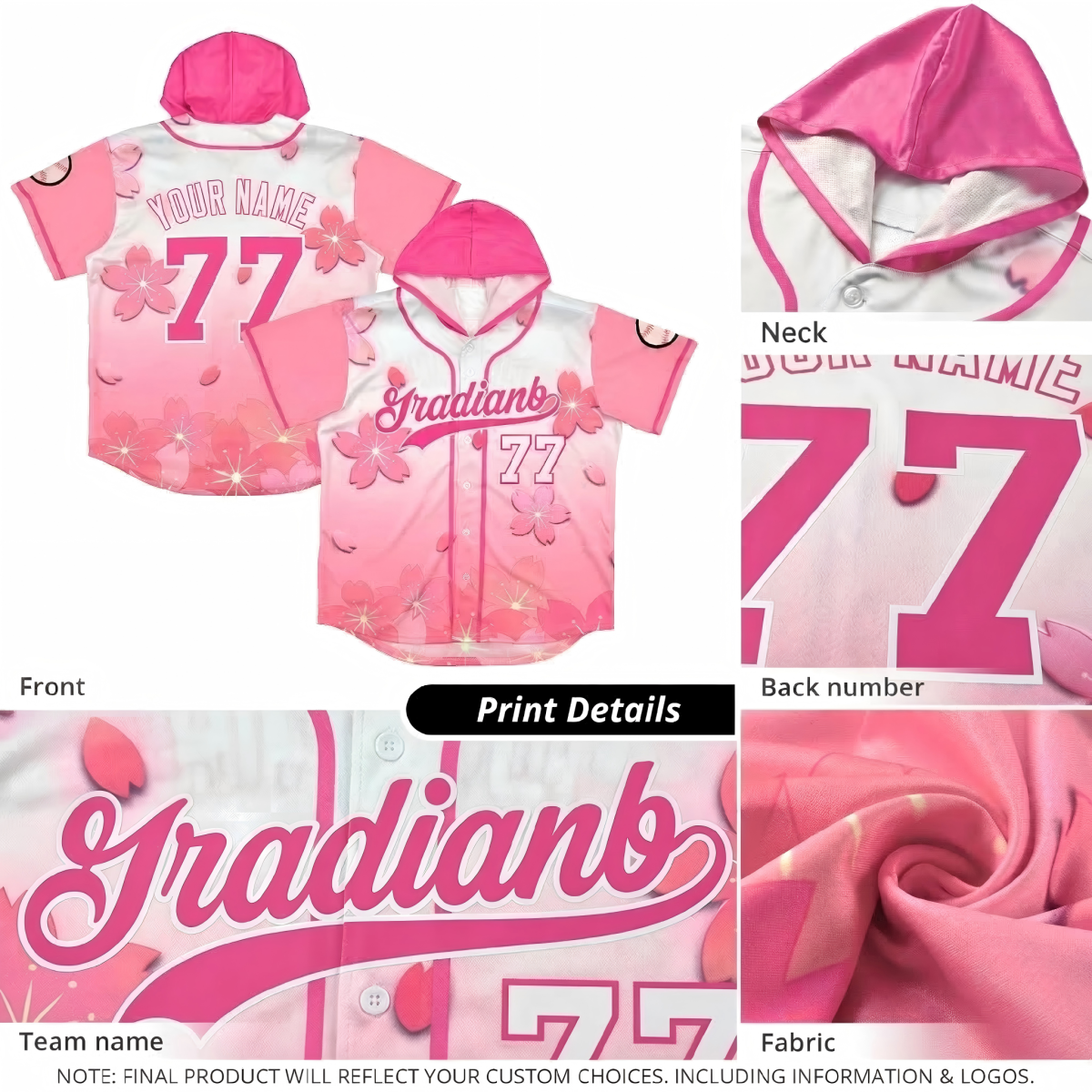 Custom Hooded Baseball Jersey | Pink Aqua Cherry Blossom Moisture-Wicking Jersey for Men & Women